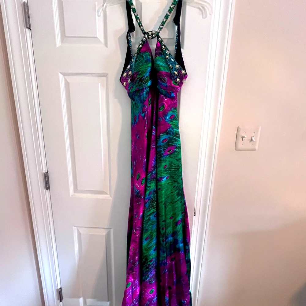 Multicolored size 6 formal dress; open back with beaded sequin trim.